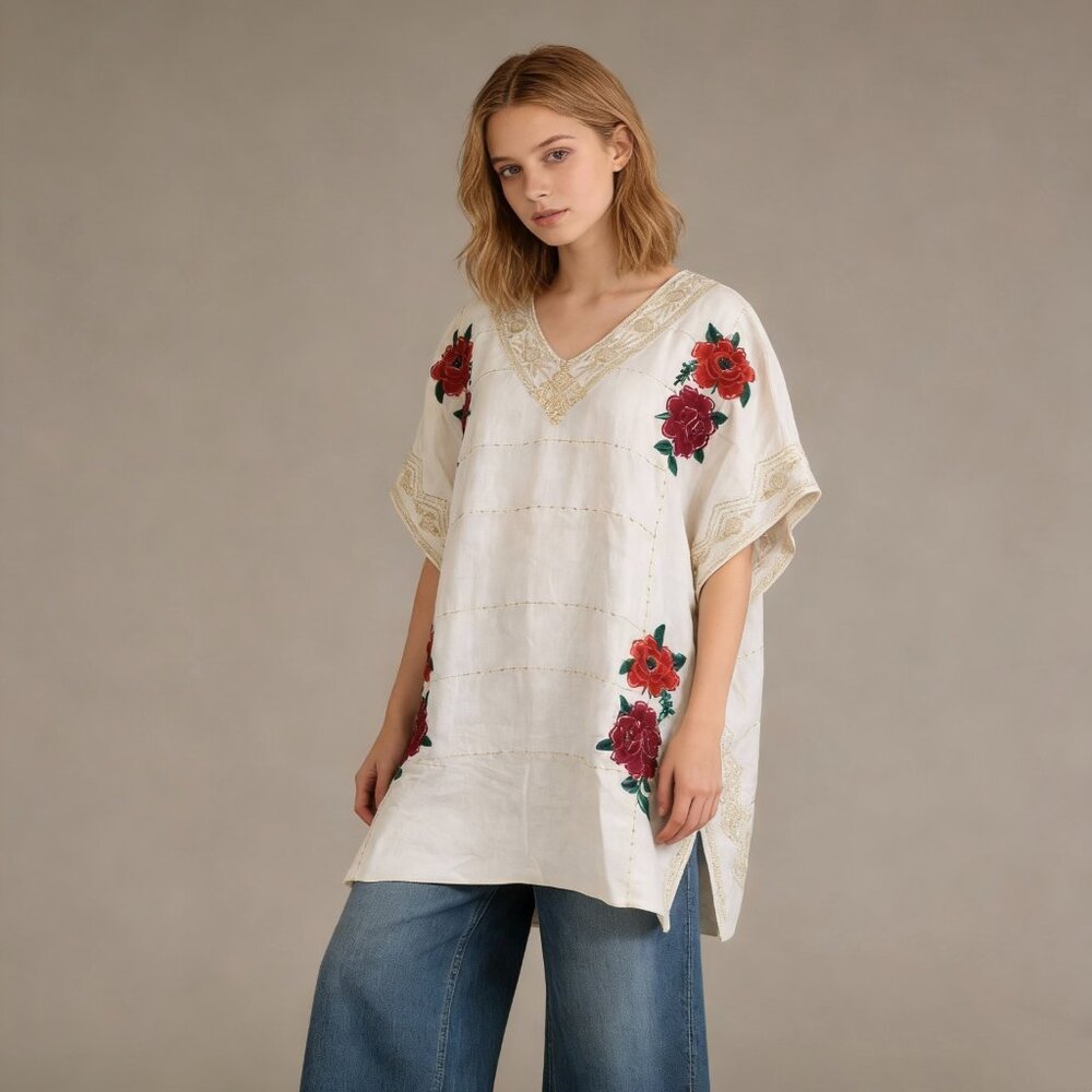NWOT Johnny Was Linen Embroidered Poncho Tunic Kimono Shirt Blouse Oversized S